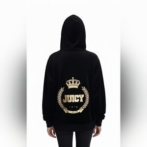 Juicy Couture Black Bomber Midnight Velvet Y2K Hoodie Jacket‎ with Gold Emblem